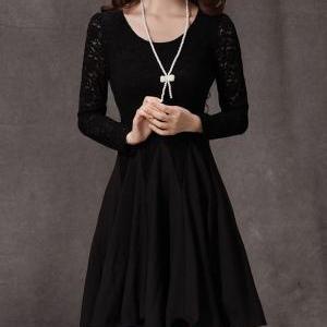Long Sleeved Black Lace Chiffon Dress / Little..