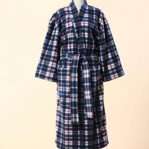 Blue Checkered Kimono Bathrobe - Flannel Fleece..