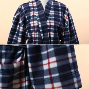 Blue Checkered Kimono Bathrobe - Flannel Fleece..