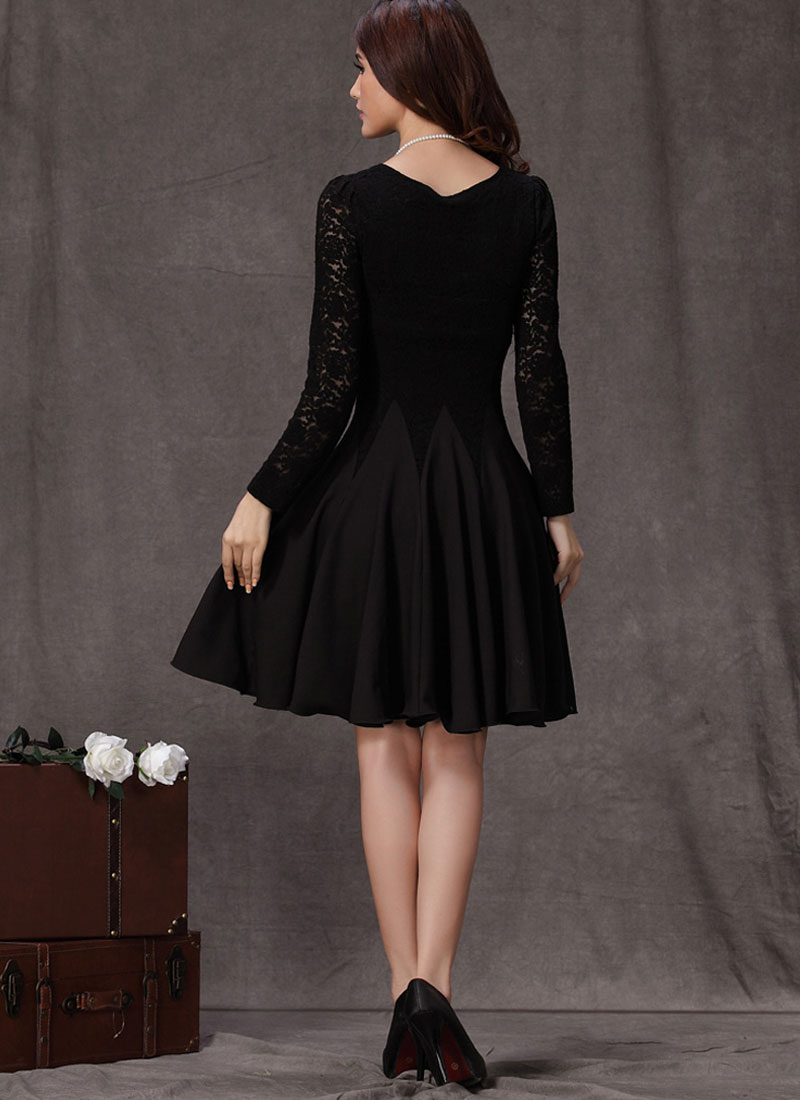 Long Sleeved Black Lace Chiffon Dress / Little Black Dress / Black Fit ...