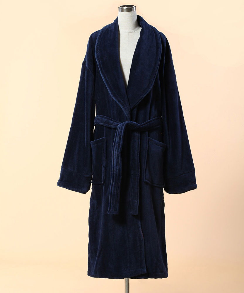Extra Thick Blue Velour Bathrobe - Shawl Collar Cotton Bathrobe With Piping