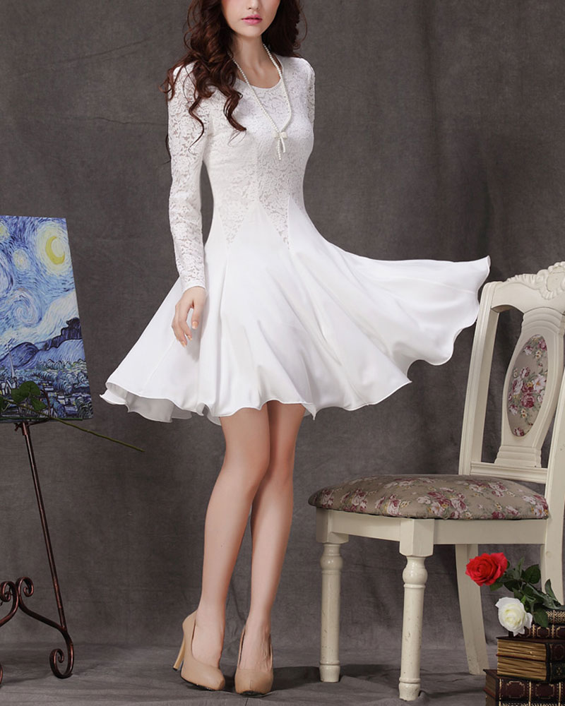 priložiti porediti opasan  Long Sleeved White Lace Chiffon Dress / Little White Dress / White Fit And  Flare Dress on Luulla